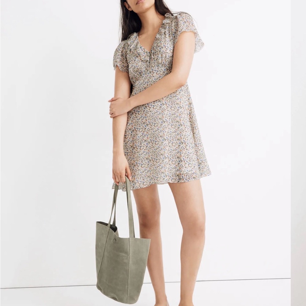 Madewell Beige Blue Silk Floral Short-Sleeve Mini Dress with Ruffle neckline